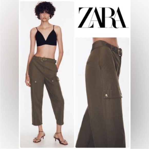 Zara Women's Khaki Belted Cropped Pants - Picture 1 of 10